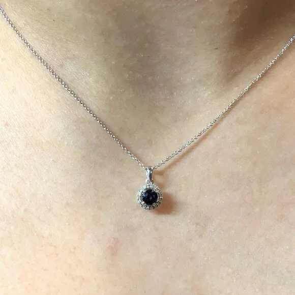 Ceylon Blue Sapphire Pendant in Solid 14K White Gold with Natural Diamond Halo - Picture 2 of 5